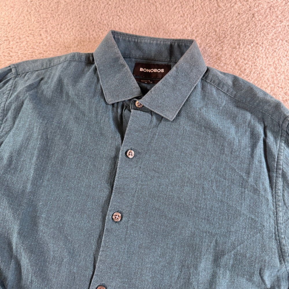 Bonobos Button Down Shirt Mens Medium Teal Blue Green Used Slim Fit Herringbone